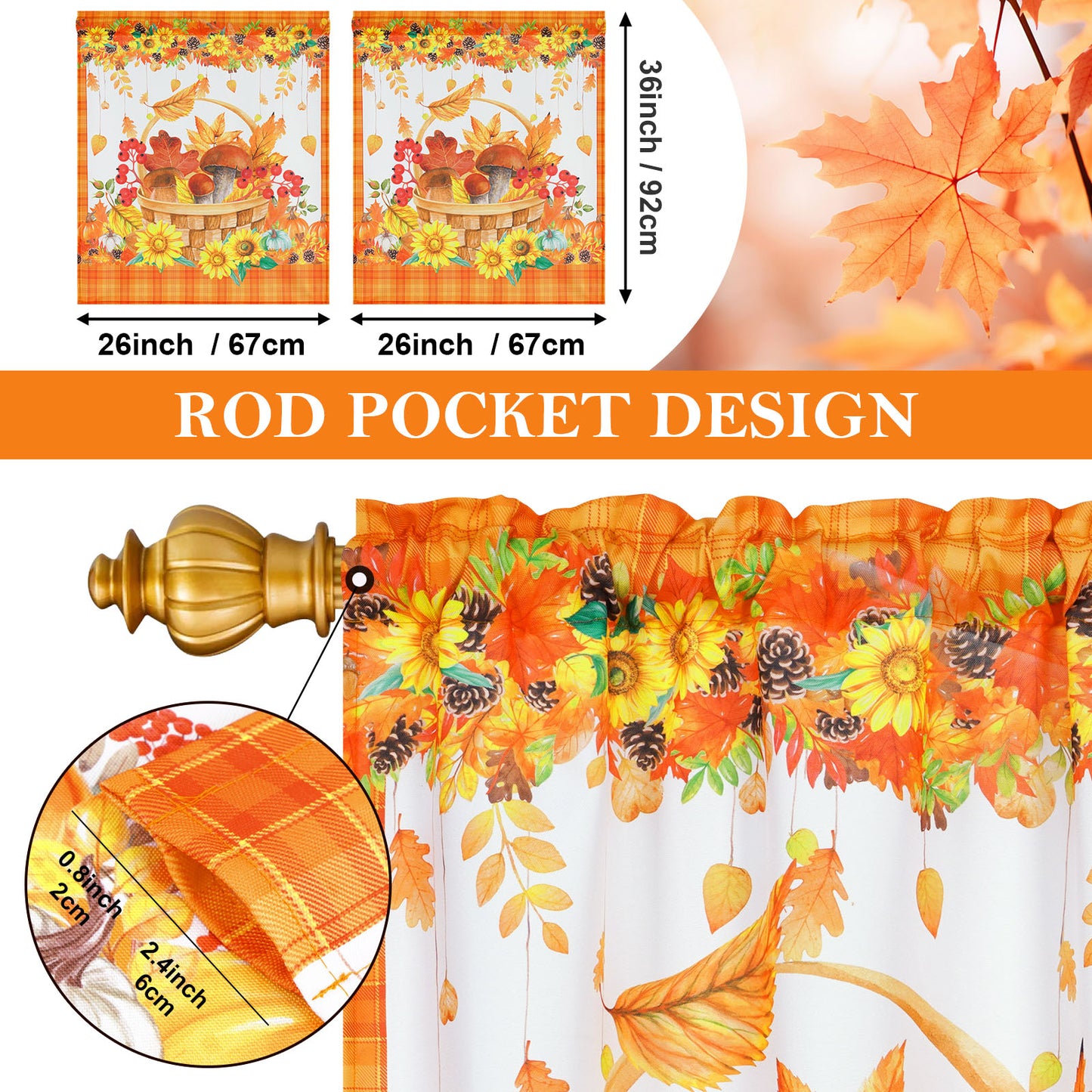 Alishomtll Fall Kitchen Curtains Sunflower Pumpkins Autumn Leaves Print Curtains Sets Thanksgiving,Rod Pocket ,30"Wx36"L