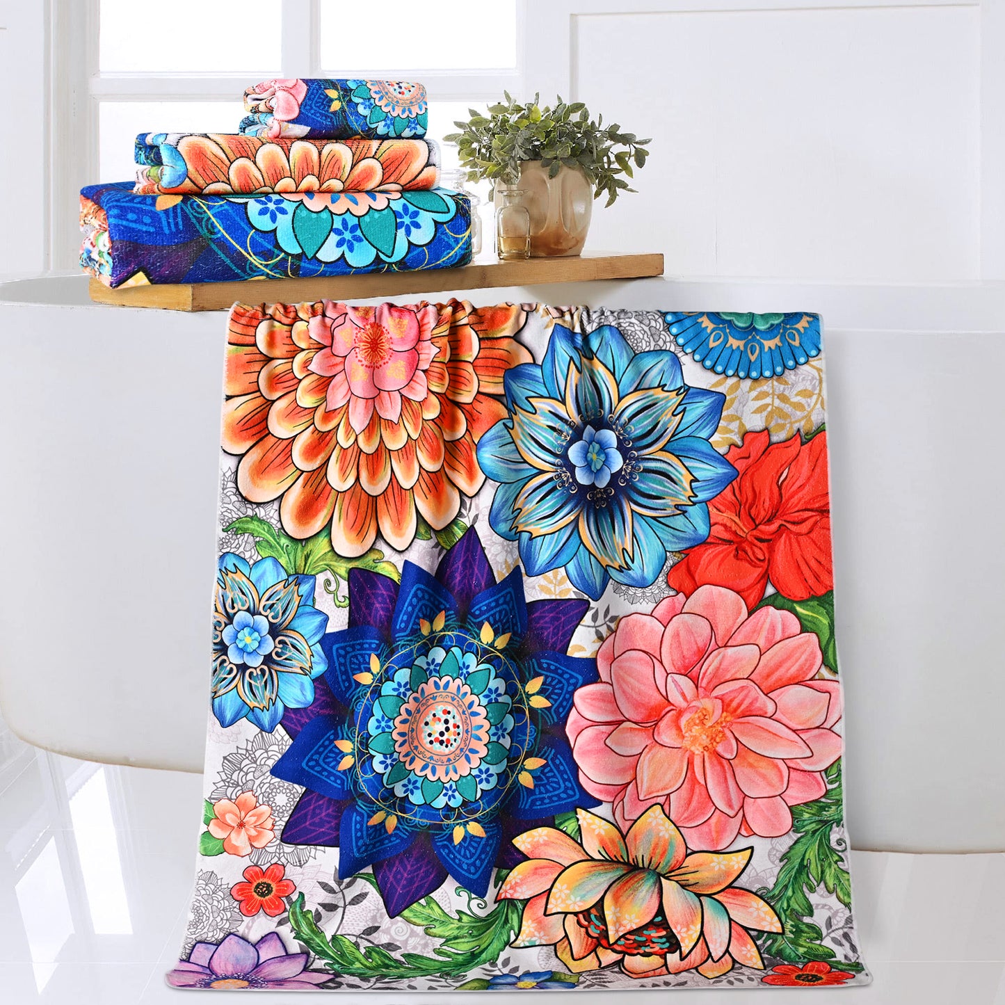 Alishomtll Boho Floral Bath Towels 3Pcs Bathroom Towels Sets Include Bath Towel, Hand Towel and Washcloth,Watercolor Flower Print