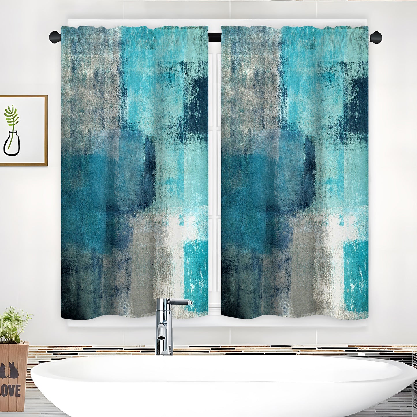 Alishomtll Abstract Kitchen Curtain Tier Living Room Bedroom Turquoise Print Window Drapes 36 Inch Long