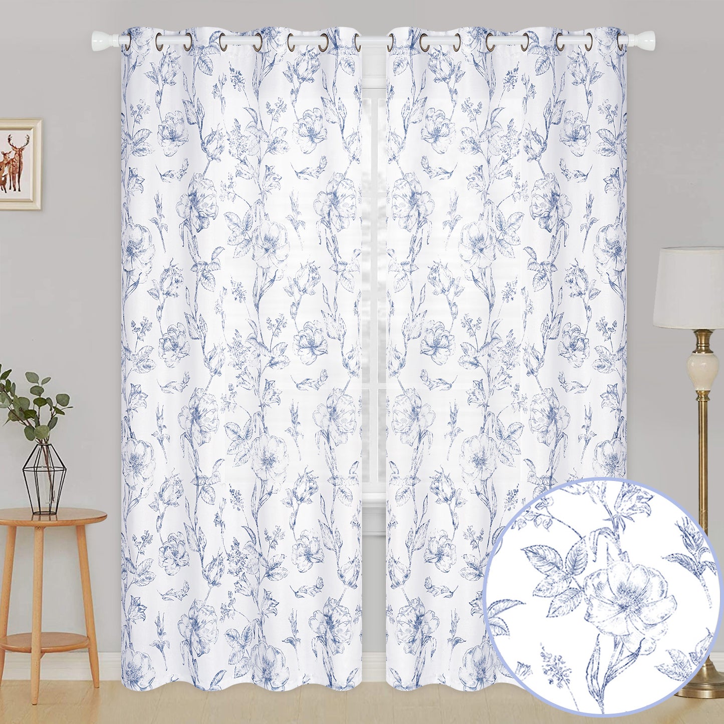 Alishomtll Blue Floral Curtains Linen Farmhouse Curtains for Living Room 84 inch Country Curtains Grommet Top Semi Sheer Curtains Light Filtering ,2 Panels