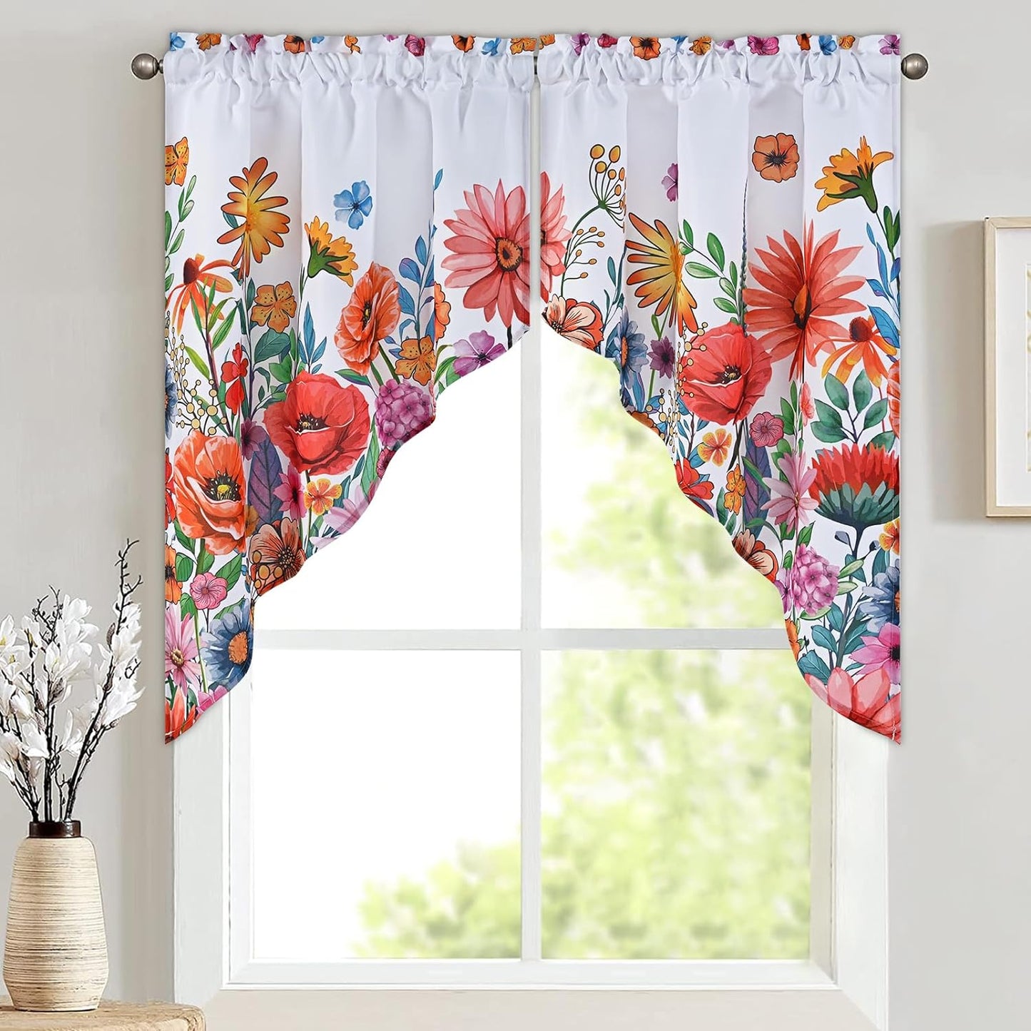 Alishomtll Kitchen Curtains Swags for Windows Blossom Floral Printed Window Drapes,28" W x 36" L,2 Panels，Rod Pocket,White