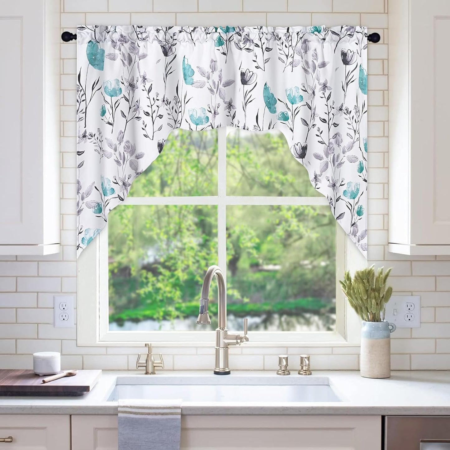 Alishomtll Kitchen Curtains Valances Swags for Windows Teal Floral Printed Window Drapes,61" W x 36" L,Rod Pocket