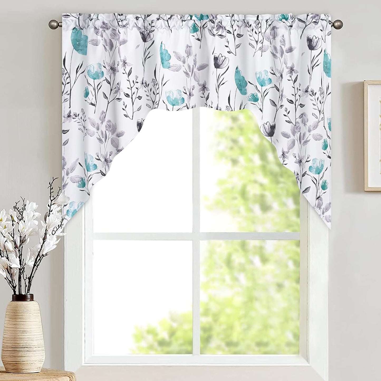 Alishomtll Kitchen Curtains Valances Swags for Windows Teal Floral Printed Window Drapes,61" W x 36" L,Rod Pocket