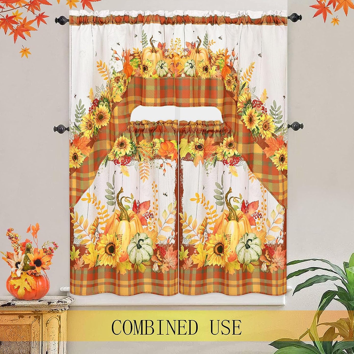 Alishomtll Fall Thanksgiving Kitchen Curtains Sunflower Pumpkins Print Tier Curtains Sets,Rod Pocket ,30"Wx36"L