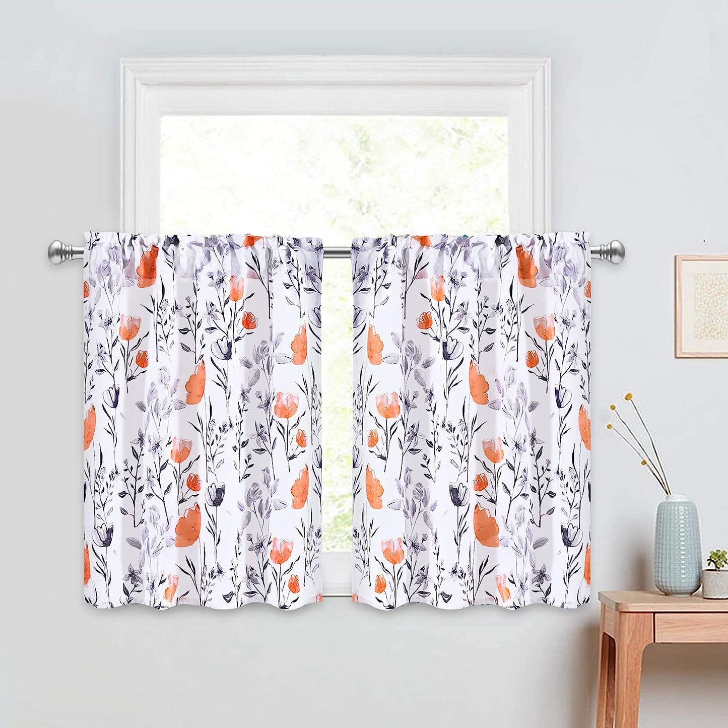 Alishomtll Kitchen Curtains Orange Floral Watercolor Print Tier Curtains Light Filtering Rod Pocket Small Window Curtain Sets,26"Wx24"L,2 Panels