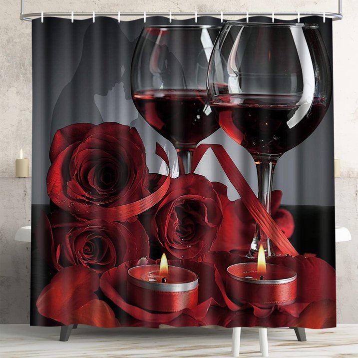 FRAMICS 16 Piece Red Rose Wine Shower Curtain Sets with Rugs, Romantic Floral Bathroom Sets, Waterproof Fabric Shower Curtain with 12 Hooks and Toilet Rugs