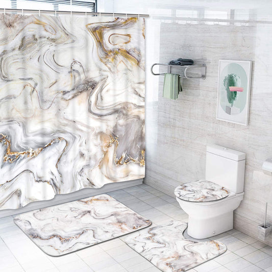 FRAMICS 16 Pc Beige Marble Shower Curtain and Rug Sets, Modern Abstract Bathroom Sets, Waterproof Fabric Shower Curtain with 12 Hooks and Toilet Rugs