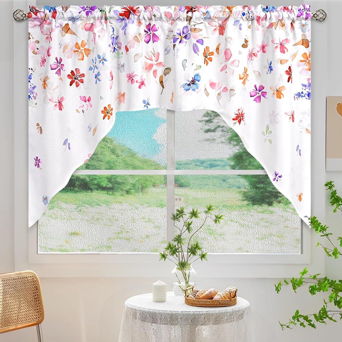 Alishomtll Floral Valance Curtains for Kitchen Swag Falling Blossoming Petals Window Drapes,61" W x 36" L,Rod Pocket