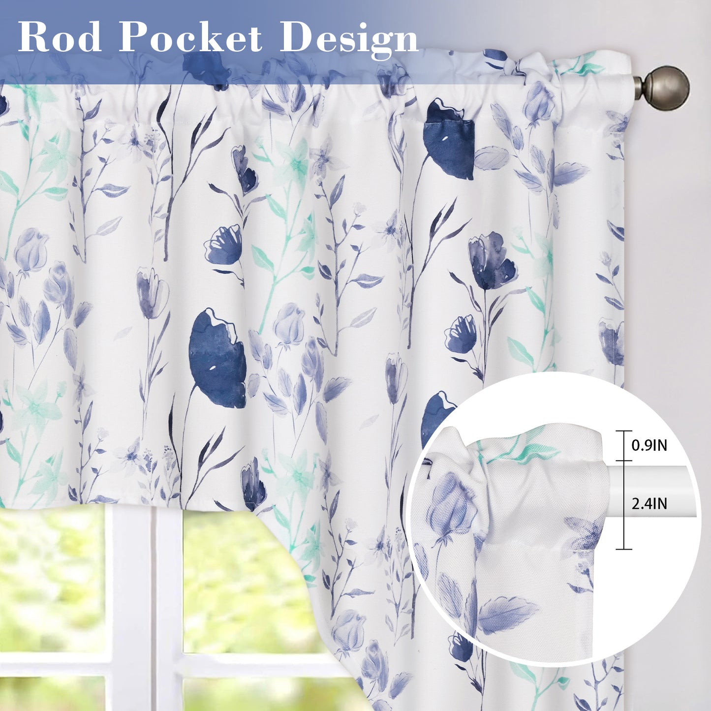 Alishomtll Kitchen Curtains Valances Swags for Windows Gray Blue Floral Printed Window Drapes,61" W x 36" L,Rod Pocket