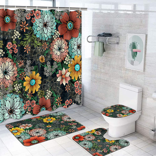 FRAMICS 16 Piece Boho Flower Shower Curtain and Rug Sets, Colorful Paisley Floral Bathroom Sets, Retro Waterproof Fabric Shower Curtain with 12 Hooks and Toilet Rugs