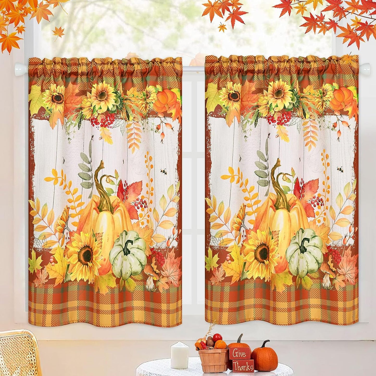 Alishomtll Fall Thanksgiving Kitchen Curtains Sunflower Pumpkins Print Tier Curtains Sets,Rod Pocket ,30"Wx36"L