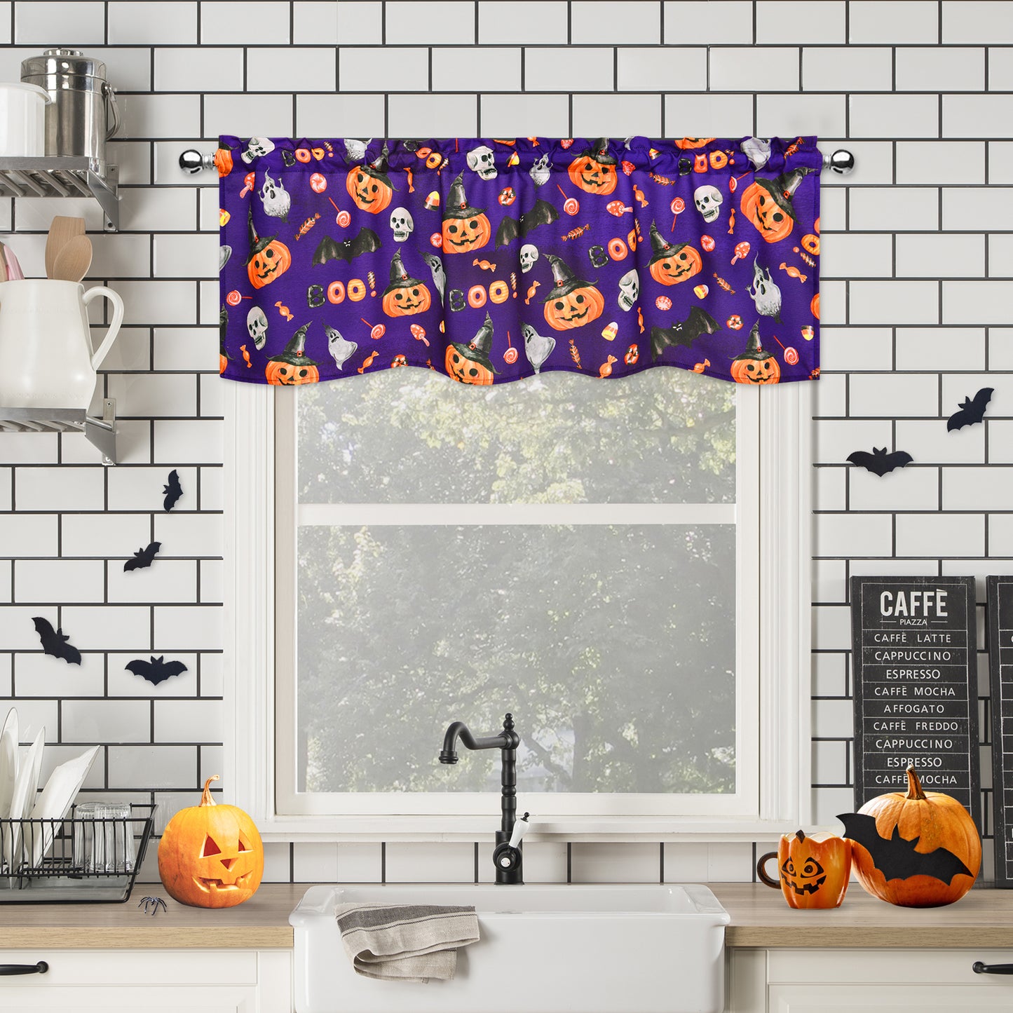 Alishomtll Halloween Valances Curtains Kitchen Pumpkin Ghost Bats Windows Drapes ,52 X 18 Inch,Rod Pocket