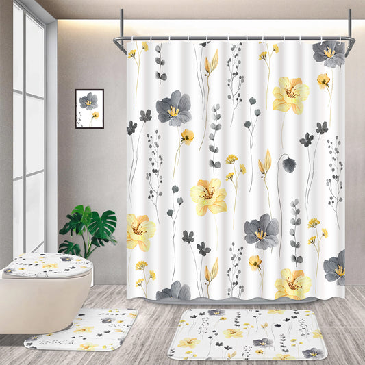 FRAMICS Yellow Grey Floral Shower Curtain Sets, 16 Pc Watercolor Flower Bathroom Sets with Rugs, Modern Minimalist White Waterproof Fabric Bathroom Curtain Decor with Hooks