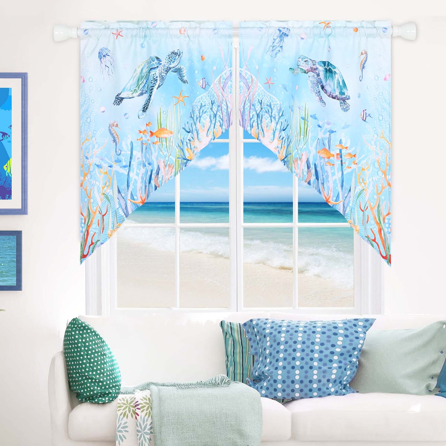 Alishomtll Kitchen Curtains Sea Turtle Valance Swag Curtains Ocean Beach Window Drapes,28" W x 36" L，2 Panels,Rod Pocket