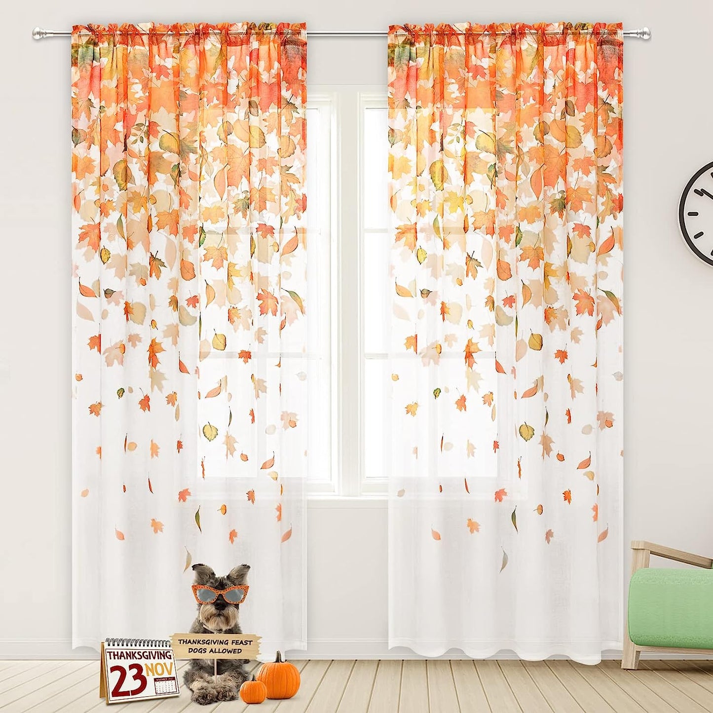 Alishomtll Thanksgiving Sheer Curtains 84 Inch Length Rod Pocket Autumn Falling Maple Leaves Semi Sheer Voile Window Treatment for Bedroom Dining Room