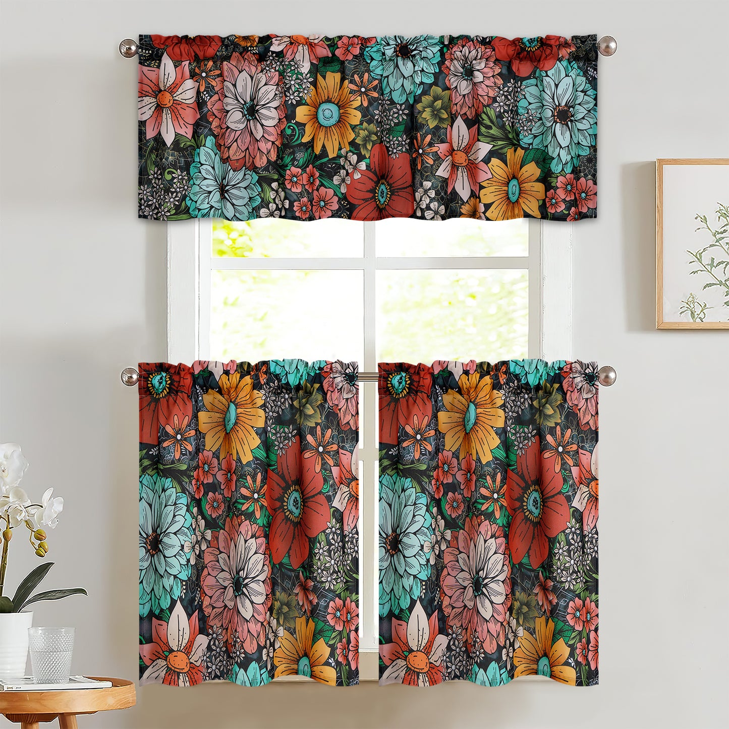 Alishomtll Valance Curtain for Kitchen 18 inch Boho Floral Print Farmhouse Valance Small Curtain,Rod Pocket,1 Panel