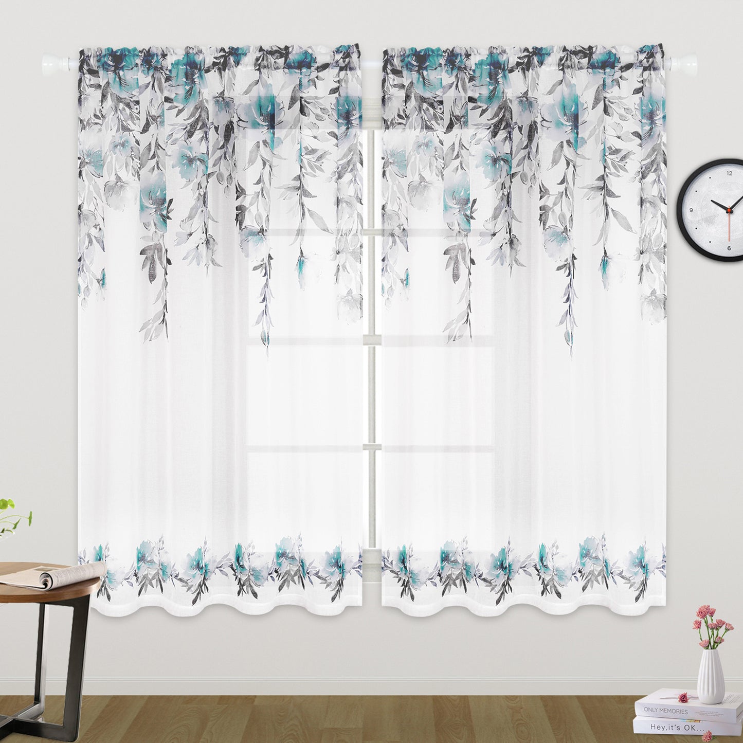 Alishomtll Floral Sheer Curtains 63 Inch Long Rod Pocket Teal Flower Semi Sheer Voile Window Treatment For Bedroom Dining Room