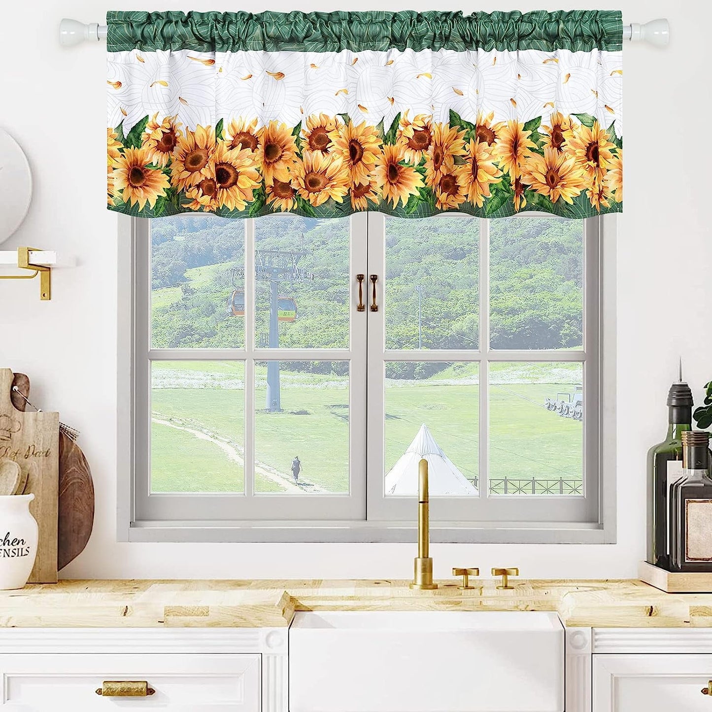 Alishomtll Kitchen Valance Curtain Sunflower Pattern Garden Valance 18 inch Rod Pocket