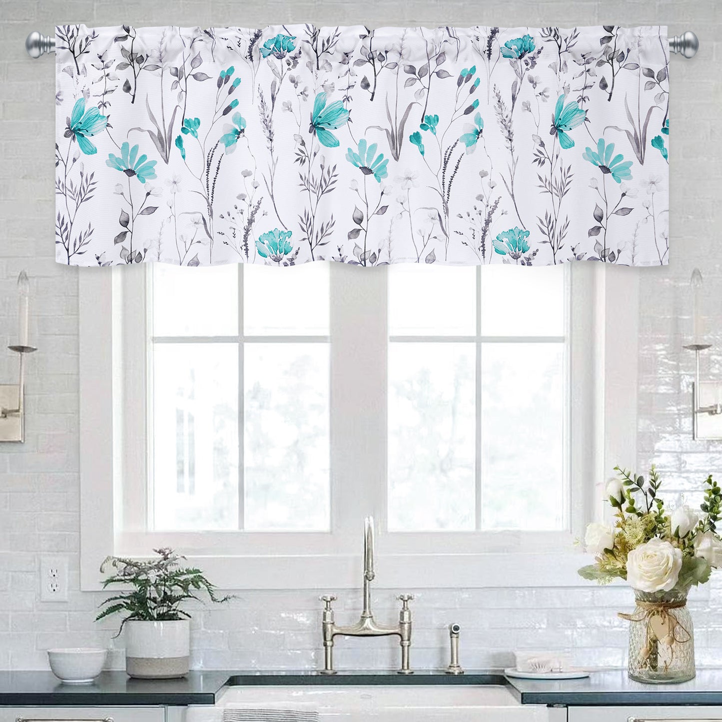 Alishomtll Valance Curtains Teal Flower Floral Print Valances for Windows Rod Pocket,52W" x 18L"