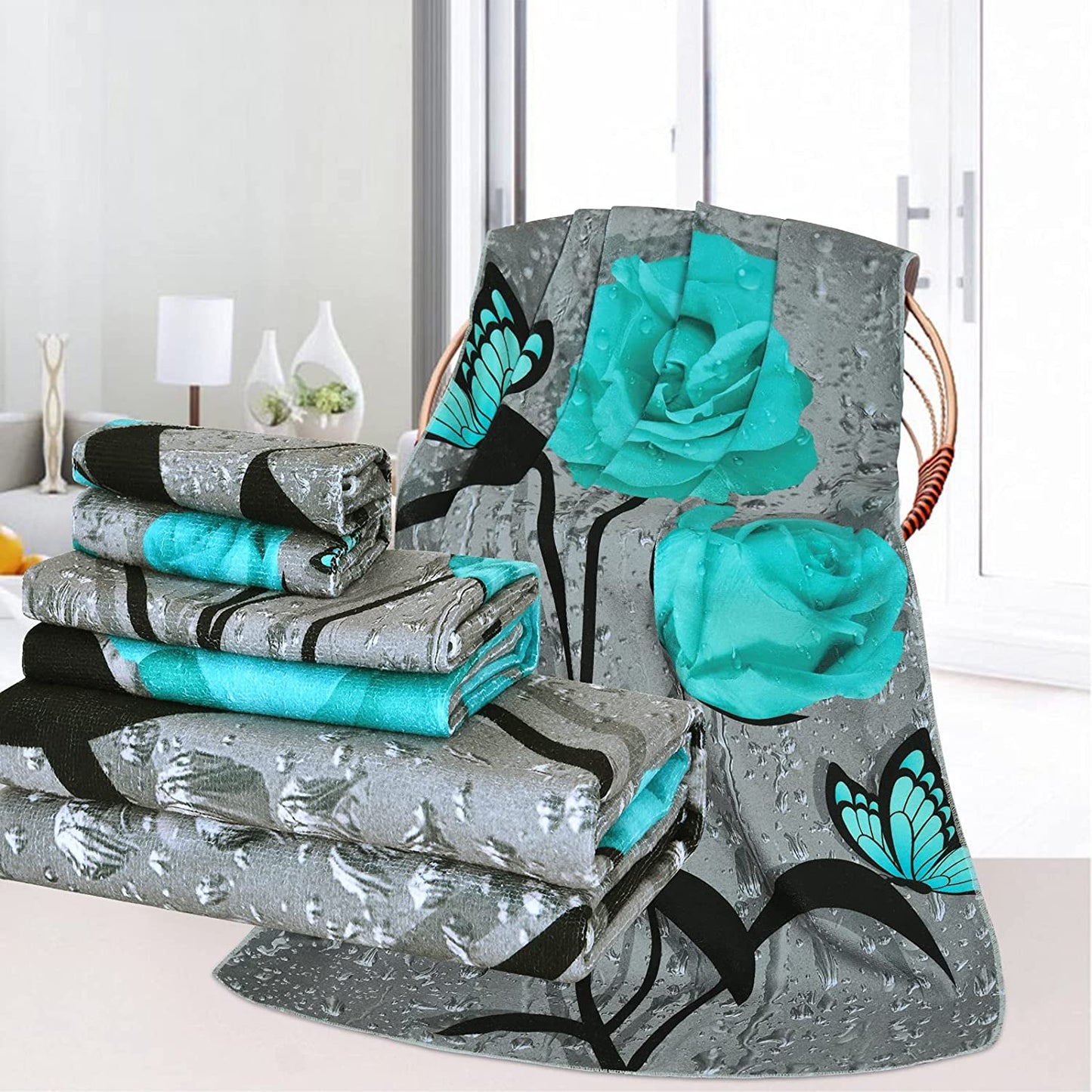 Alishomtll 3D Raindrop Rose Flower Bath Towels Set Include Beach Towel, Hand Towel and Kitchen Dish Towels, Elegant Bathroom Decor, Green