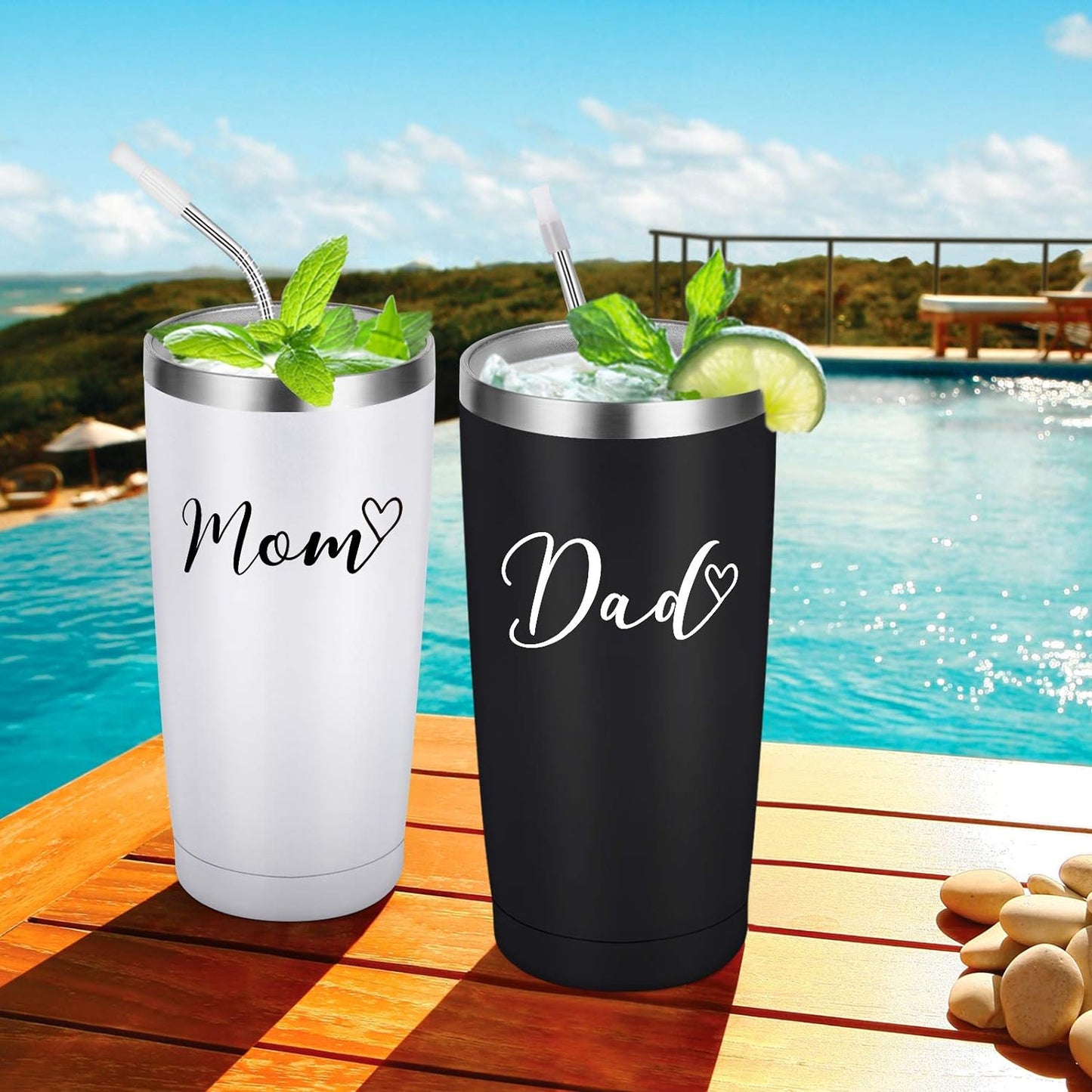 Gingprous Mom and Dad Stainless Steel Travel Tumbler Set, 20oz Double Wall Travel Tumblers, Vacuum Insulated Tumblers , Father’s Day Mother's Day Gifts , Black and White