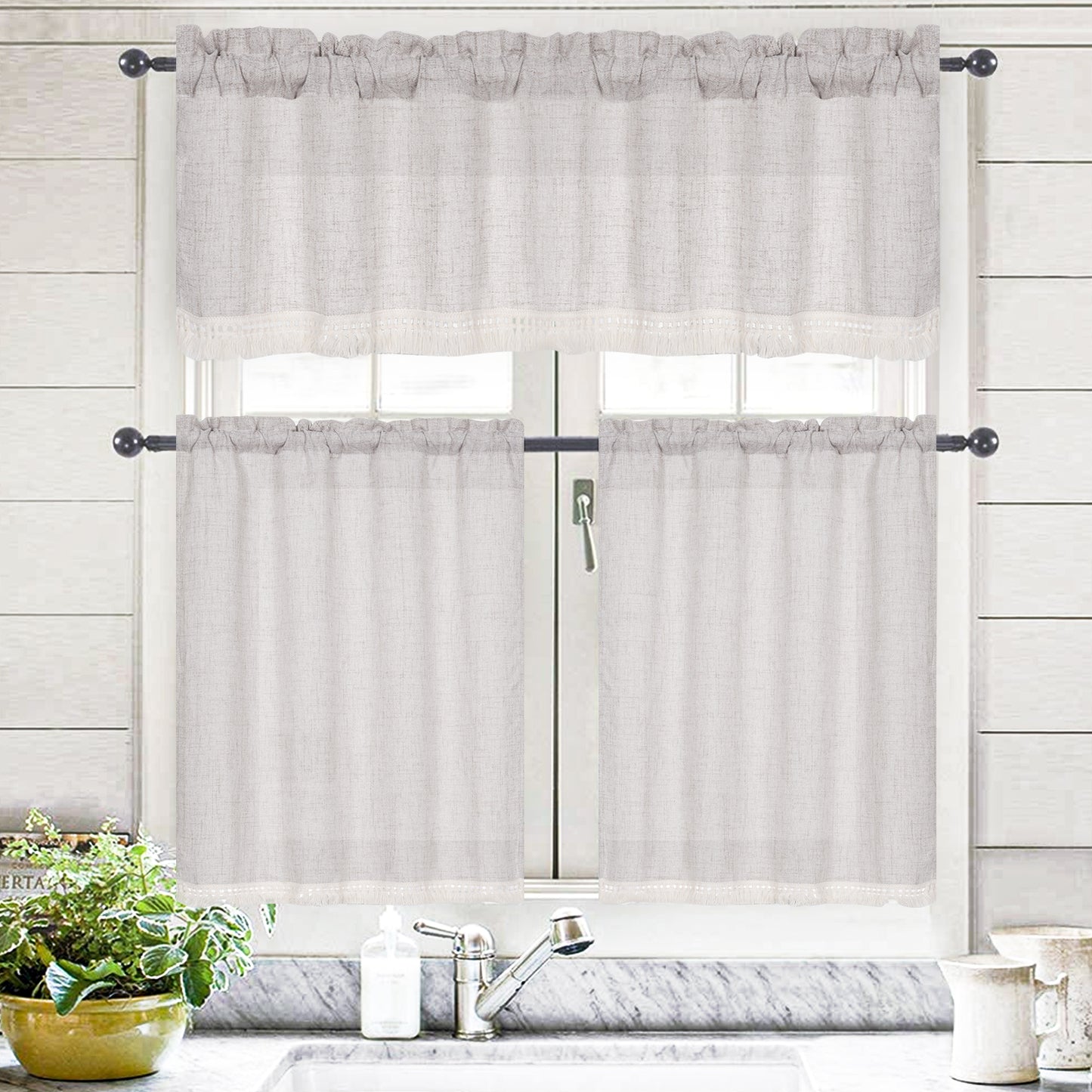 Alishomtll Kitchen Curtains Tassel Linen Café Curtains Tier for Small Window,Rod Pocket,36 inches long