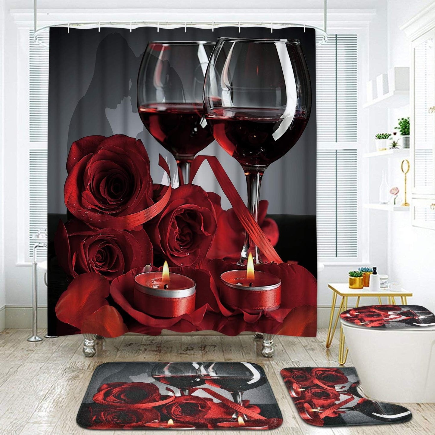 FRAMICS 16 Piece Red Rose Wine Shower Curtain Sets with Rugs, Romantic Floral Bathroom Sets, Waterproof Fabric Shower Curtain with 12 Hooks and Toilet Rugs