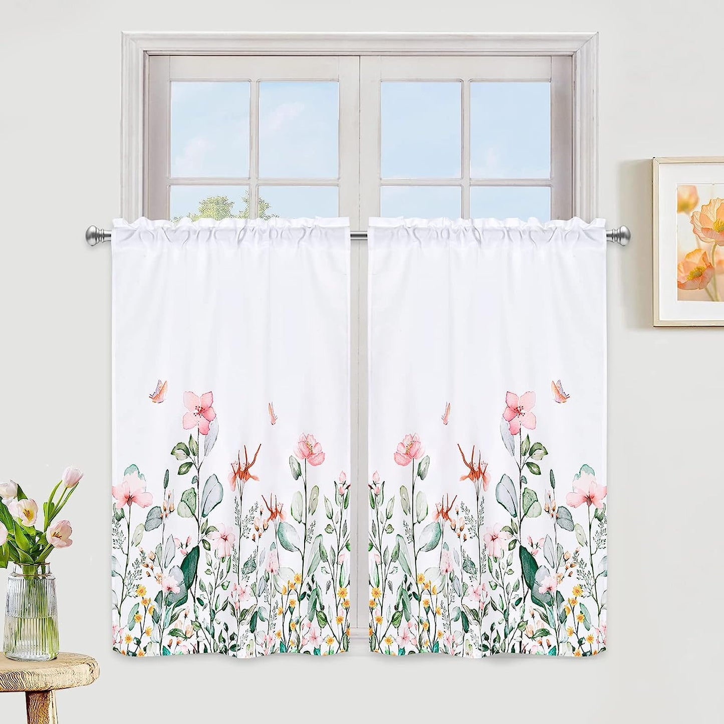 Alishomtll Floral Print Kitchen Curtain Tiers Set ,2 Panels,Rod Pocket,White