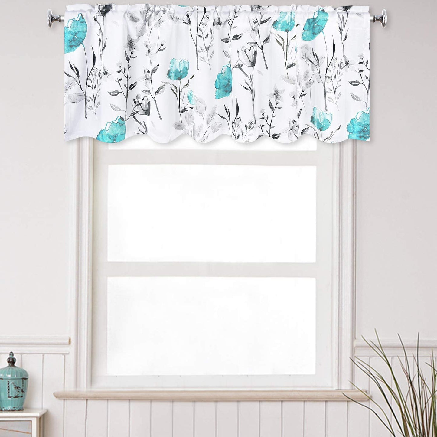 Alishomtll Flower Print Rod Pocket Kitchen Curtain Valance, Teal ,52W" x 18L", 1 Panel