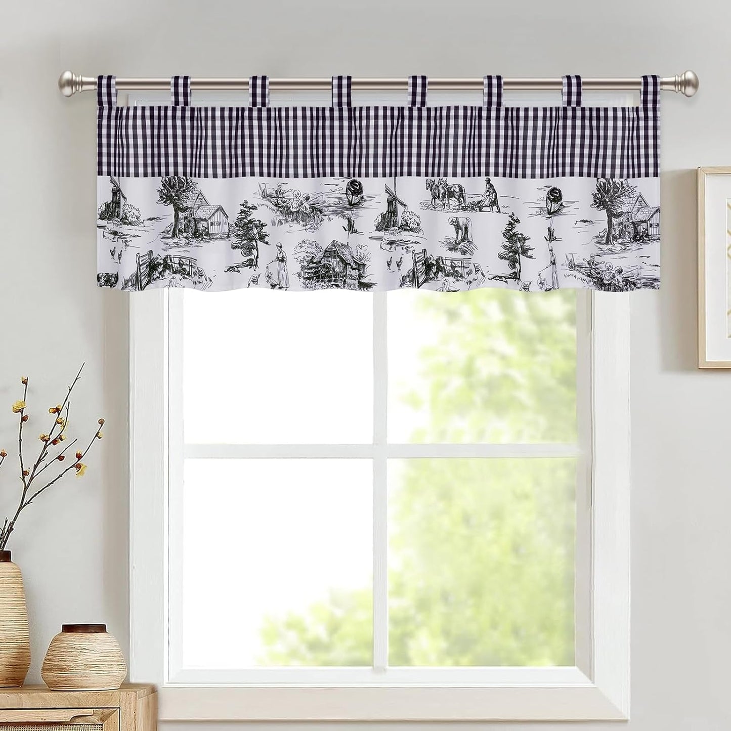 Alishomtll Linen Toile Valance Curtains for Kitchen Buffalo Plaid Printed Valances ,60''W x 18''L, 1 Panel,Black and White