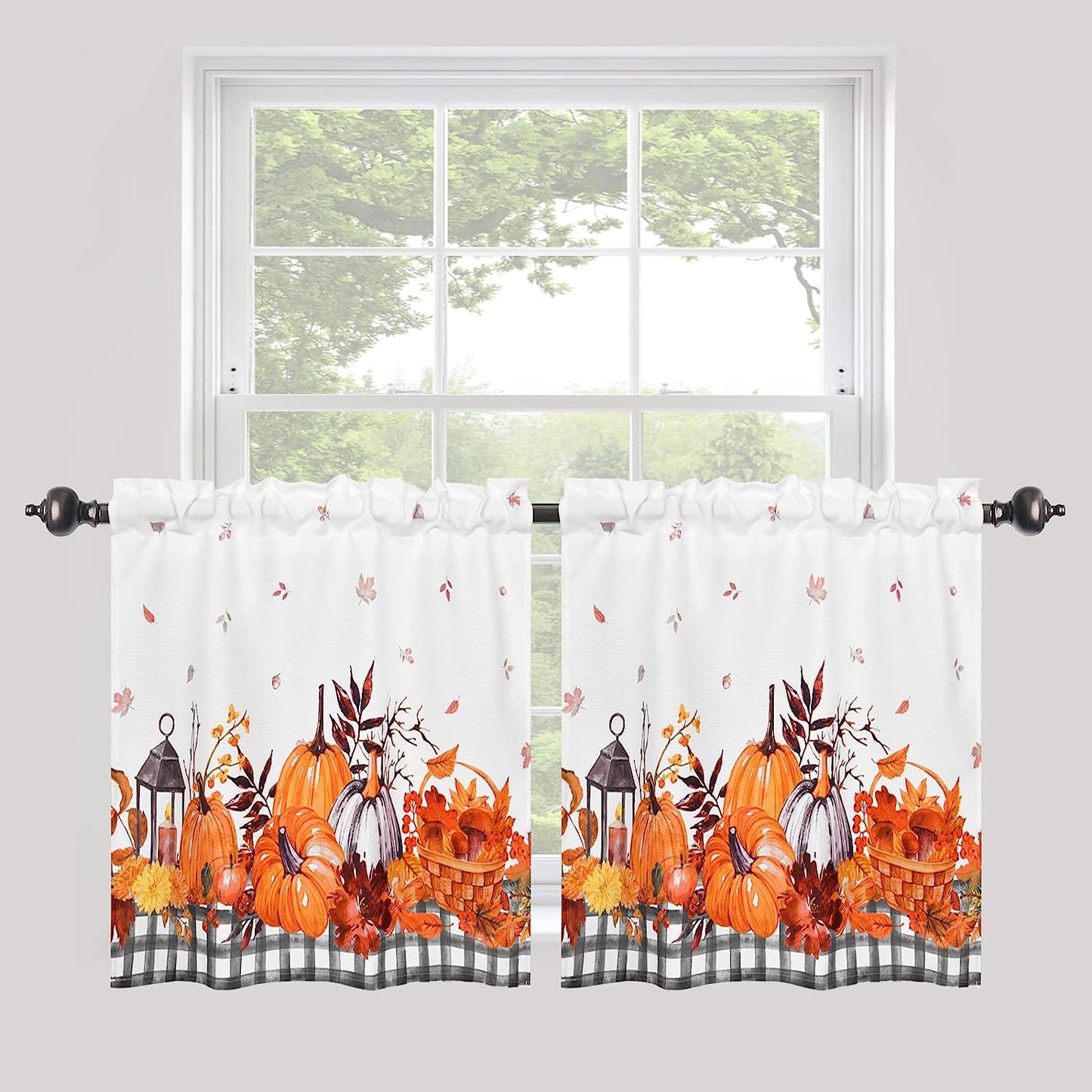 Alishomtll Thanksgiving Fall Tier Curtains for Kitchen Maple Leaves Pumpkin Printed Short Window Curtain Sets in 24 Length