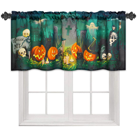 Alishomtll Halloween Valances Curtains Kitchen Tombstones and Trees Ghost Pumpkin Windows Drapes ,52 X 18 Inch,Rod Pocket