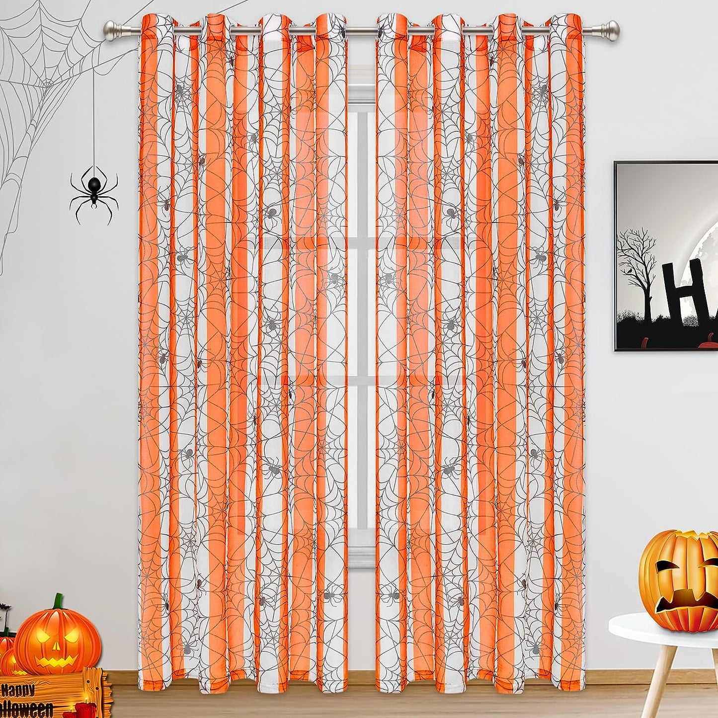 Alishomtll Halloween Curtains Spider Web Semi Sheer Drapes for Halloween Window Decorations, Party, 52 x 84Inch,Set of 2