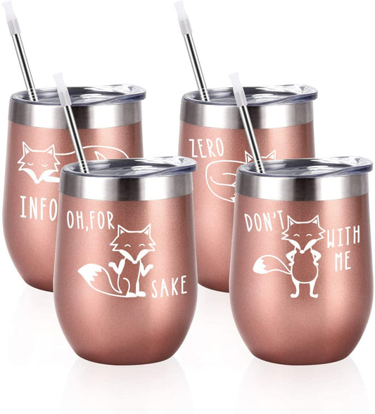 Gingprous 4 Pack The Fox Series Stainless Steel Wine Tumbler Set with Lid and Straw , 12 oz Vacuum Insulated Cup , Rose Gold