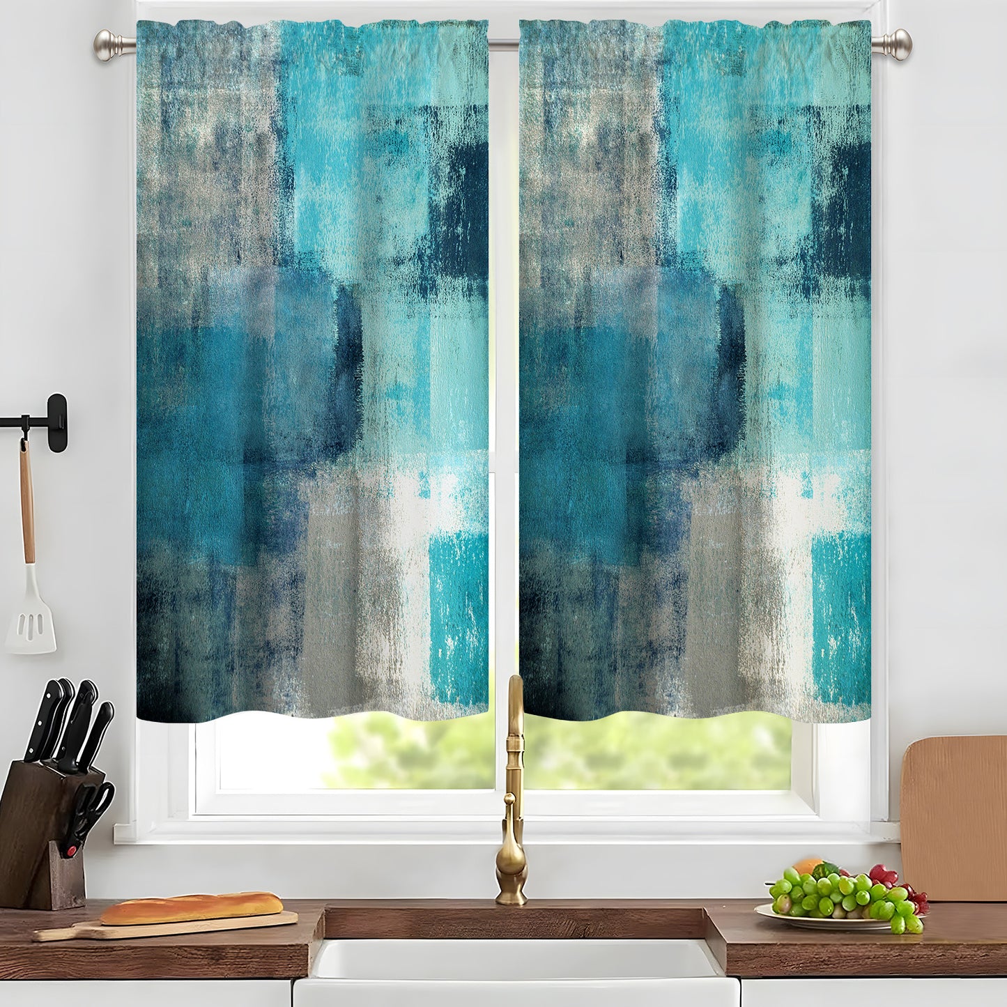 Alishomtll Abstract Kitchen Curtain Tier Living Room Bedroom Turquoise Print Window Drapes 36 Inch Long