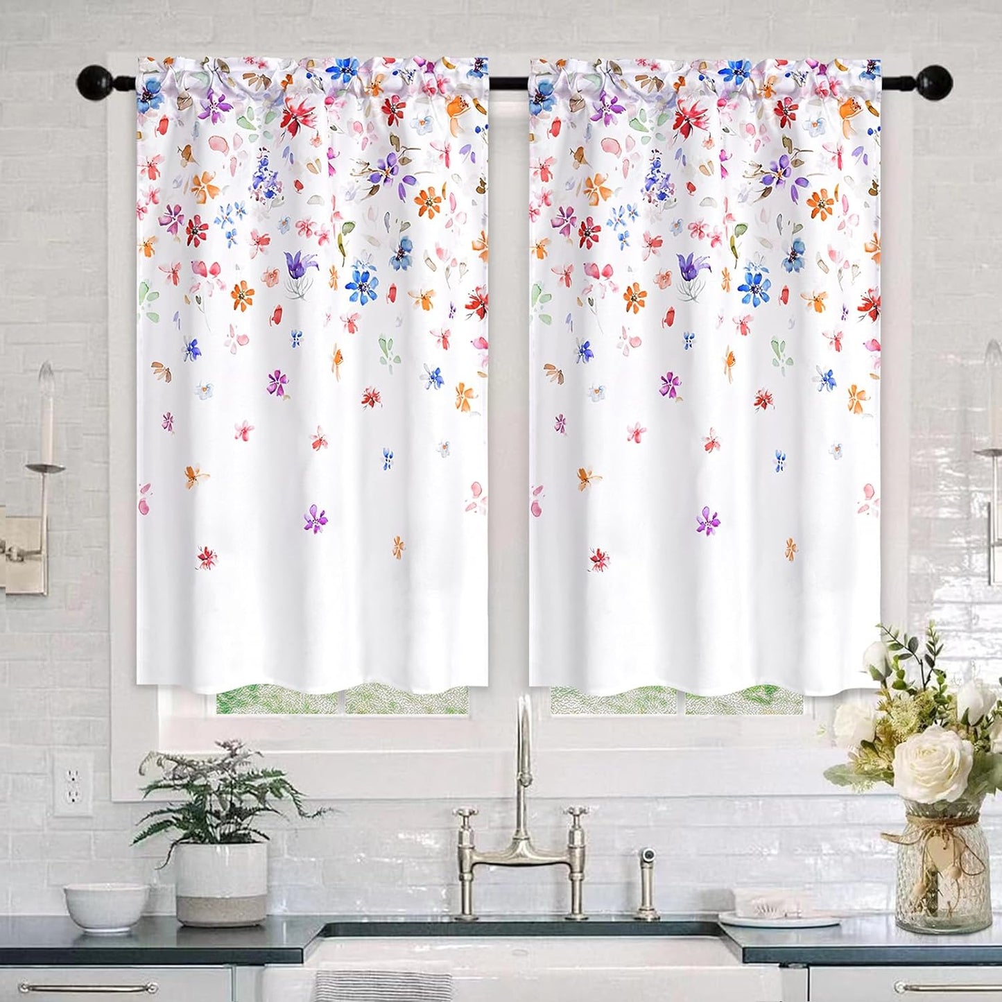 Alishomtll Kitchen Curtains Floral Falling Blossoming Petals Small Window Curtain Sets Rod Pocket,26"Wx36"L,2 Panels