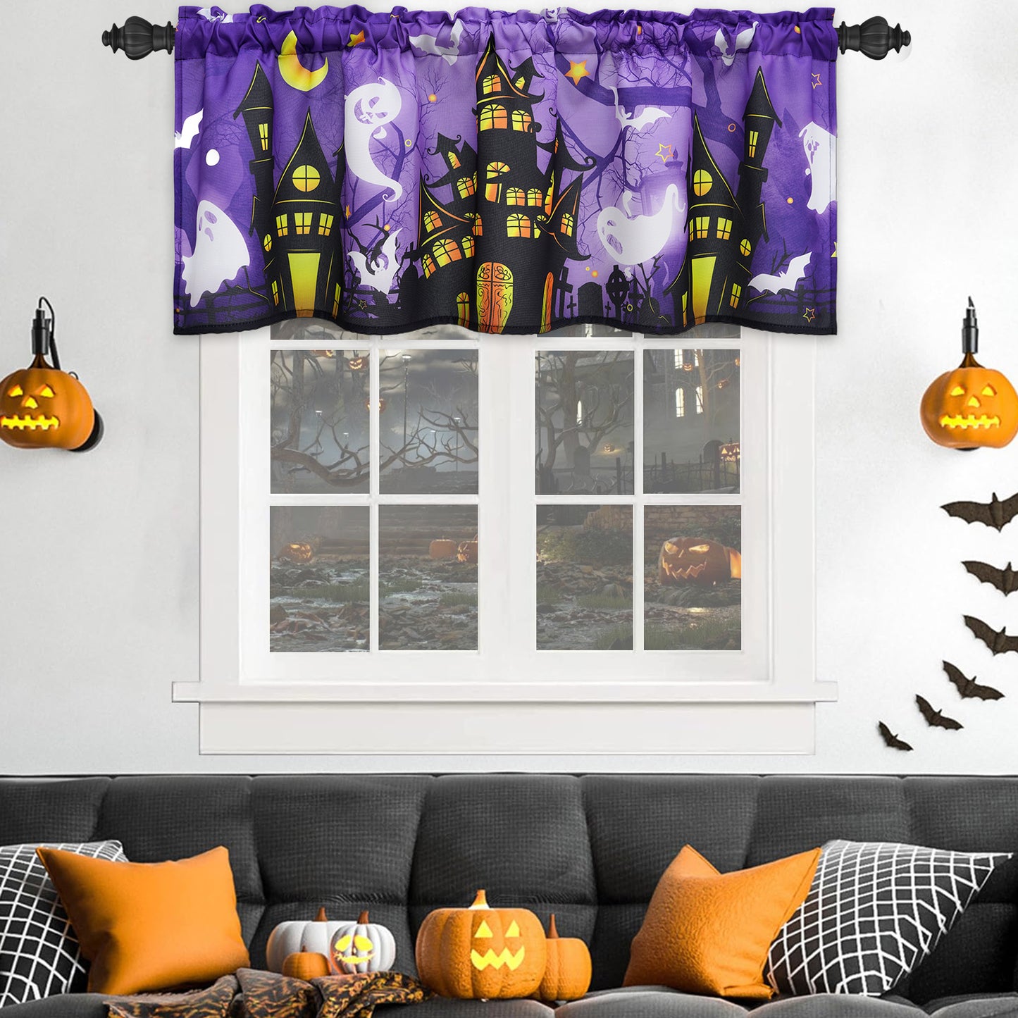 Alishomtll Halloween Valances Curtains Kitchen Castle Haunted House Windows Drapes ,52 X 18 Inch,Rod Pocket