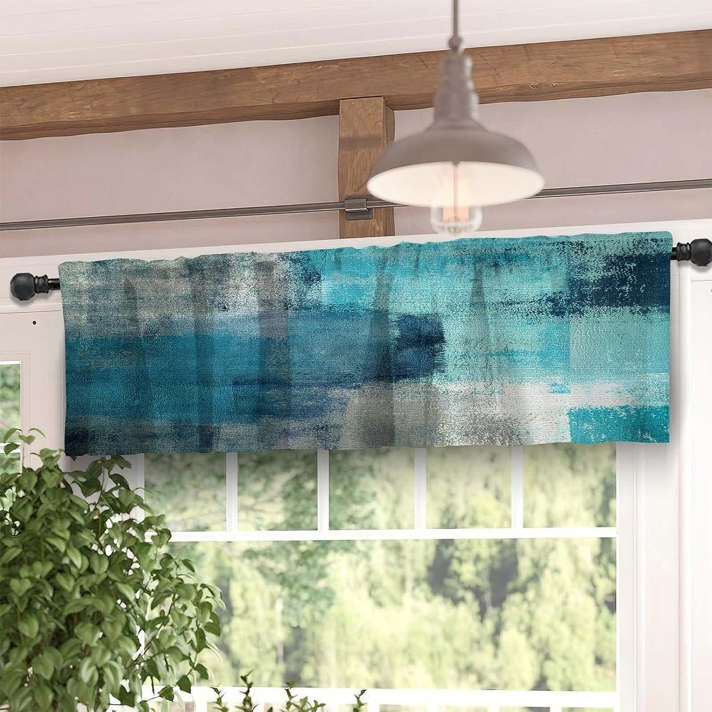 Alishomtll 3-Piece Kitchen Curtain Tier and Valance Set Abstract Turquoise Print Window Drapes ,Rod Pocket