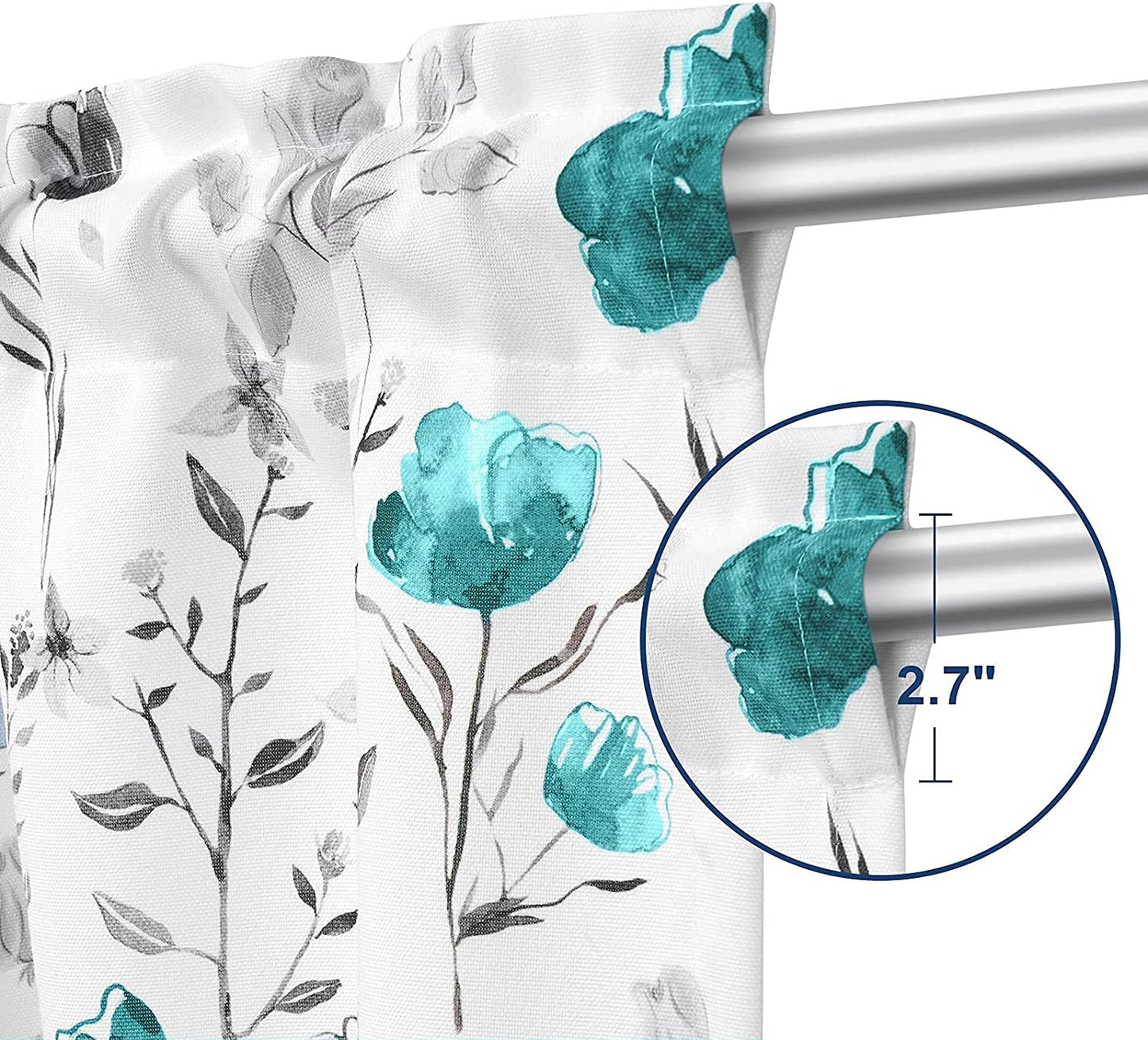 Alishomtll Kitchen Curtains Teal Floral Watercolor Print Tier Curtains Light Filtering Rod Pocket Small Window Curtain Sets,26"Wx24"L,2 Panels