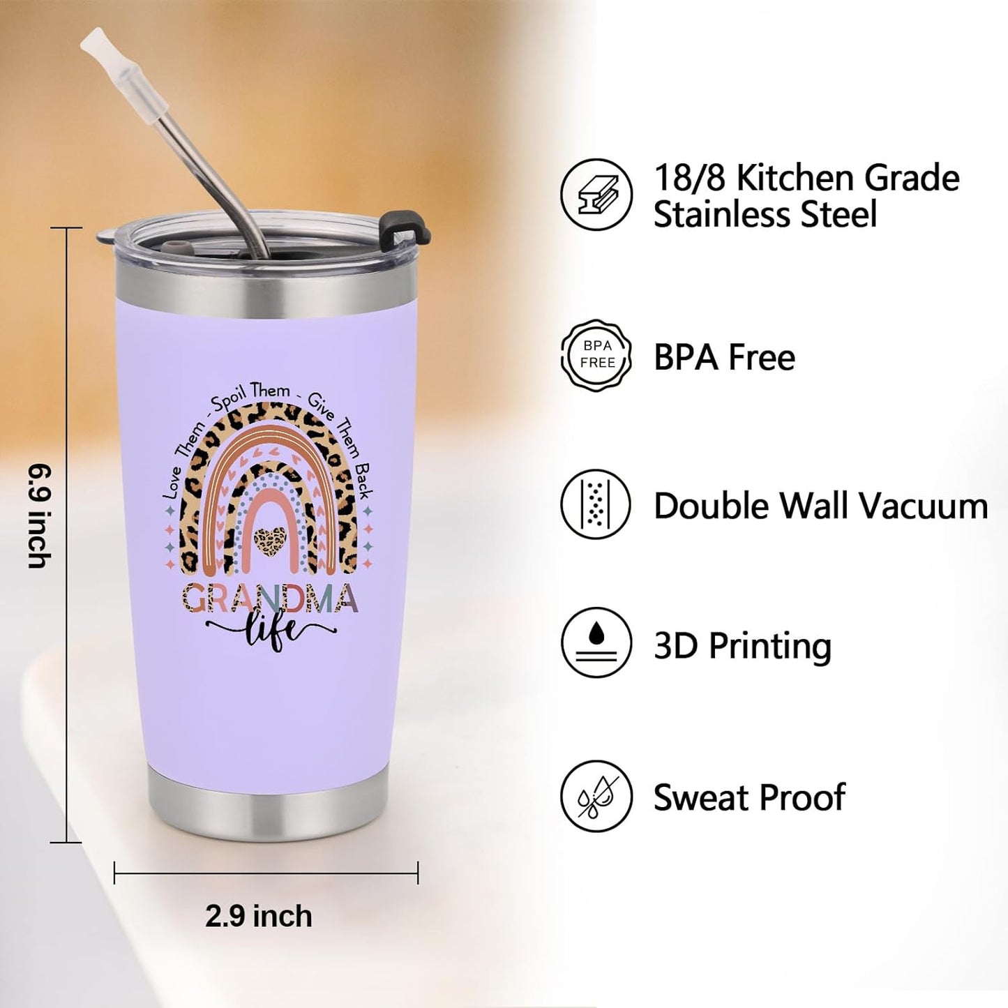 Gingprous Grandma Gifts - 20oz Stainless Steel Tumbler with lid ,Birthday Christmas Gifts for Grandma Mom Nana , Best Grandma Ever Mothers Day Gifts For Grandma, Purple