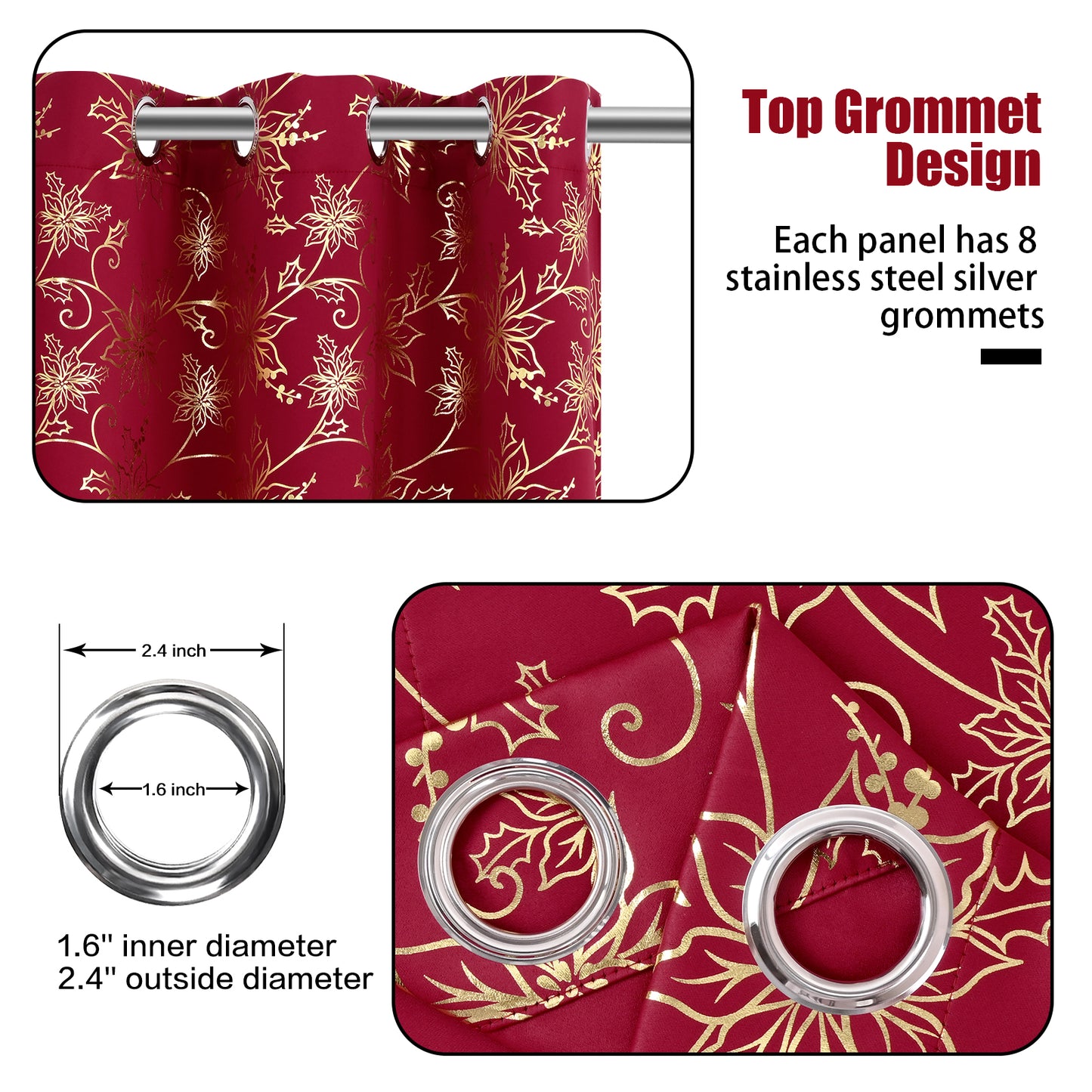 Alishomtll Christmas Curtain Golden Poinsettia Foil Print Blackout Window Curtains Drapes, 52" x 84"L, Red, Set of 2 Panels