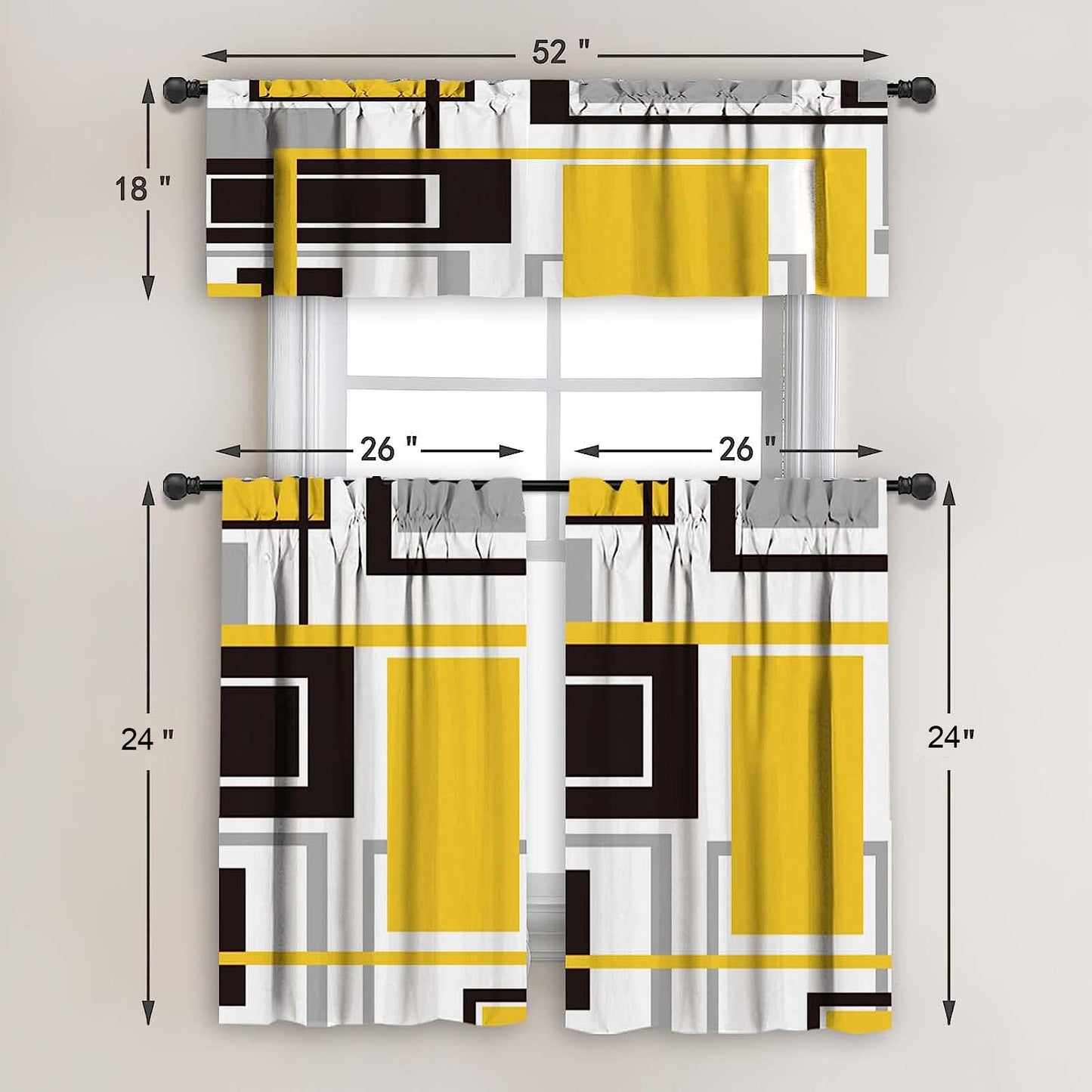 Alishomtll Kitchen Curtains Geometric Modern Art Print,Set of 2 Tiers,26"W X 24"L,Yellow Grey and Black