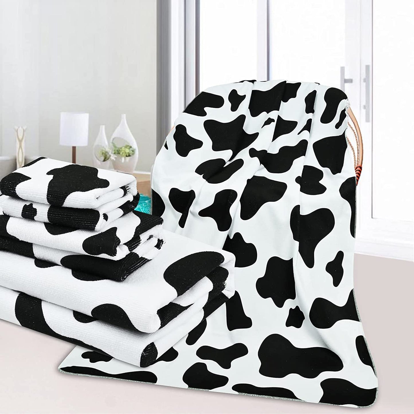 Alishomtll 3Pcs Cow Print Bath Towels Set Include Beach Towel, Hand Towel and Wash Towel for Bathroom Decor