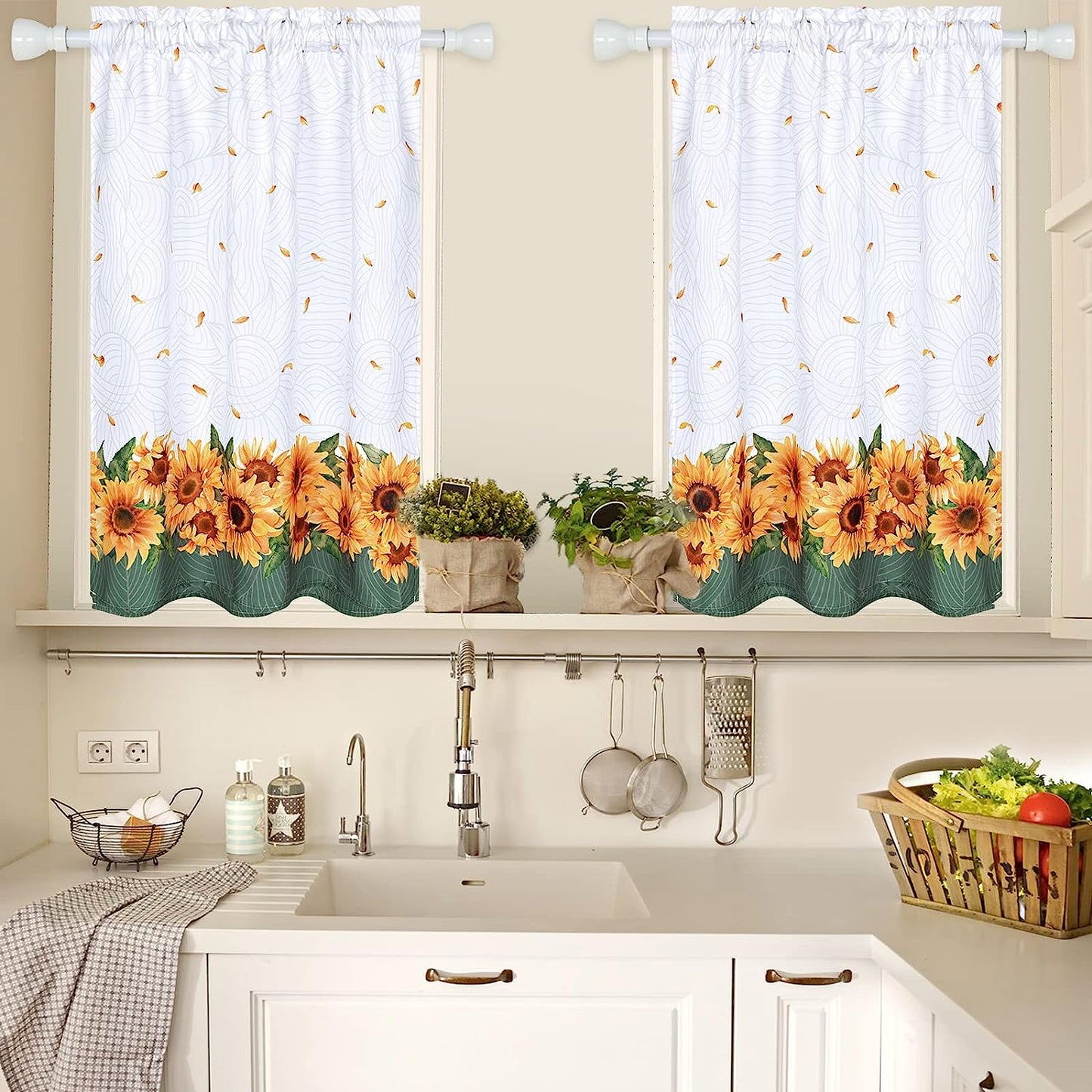 Alishomtll Sunflower Kitchen Curtains 36 in Long Sets for Small Window,2 Panels,Rod Pocket