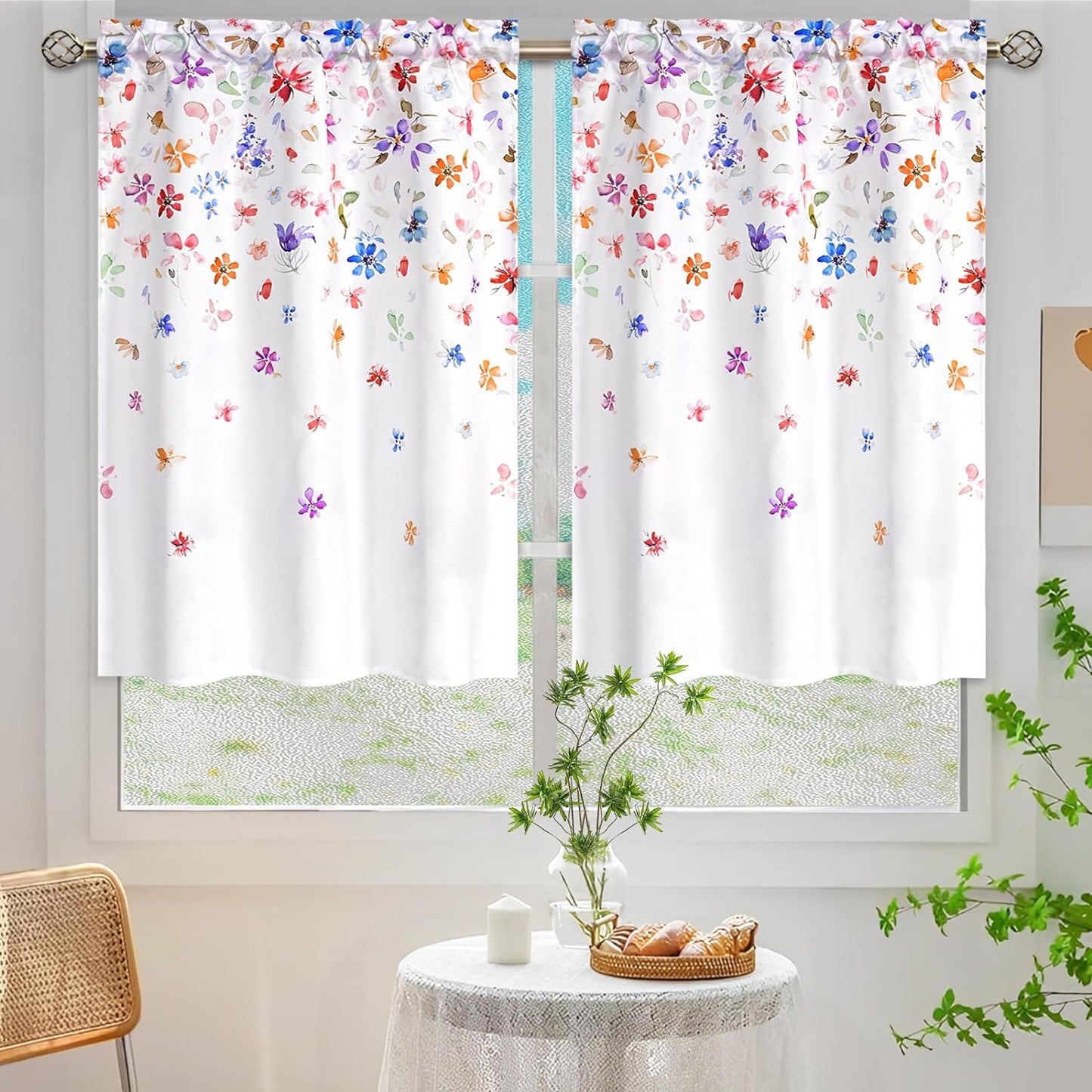 Alishomtll Kitchen Curtains Floral Falling Blossoming Petals Small Window Curtain Sets Rod Pocket,26"Wx36"L,2 Panels