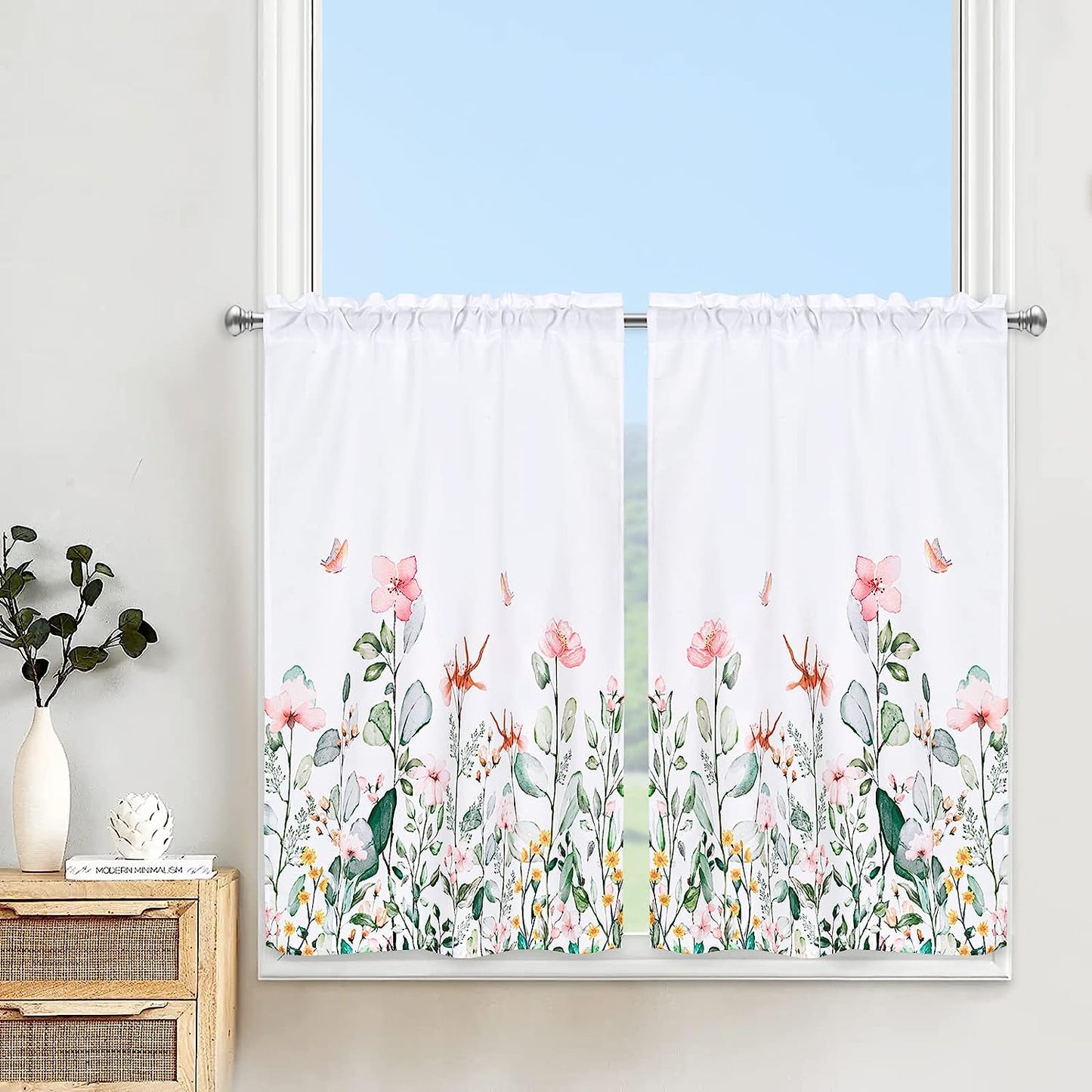 Alishomtll Floral Print Kitchen Curtain Tiers Set ,2 Panels,Rod Pocket,White