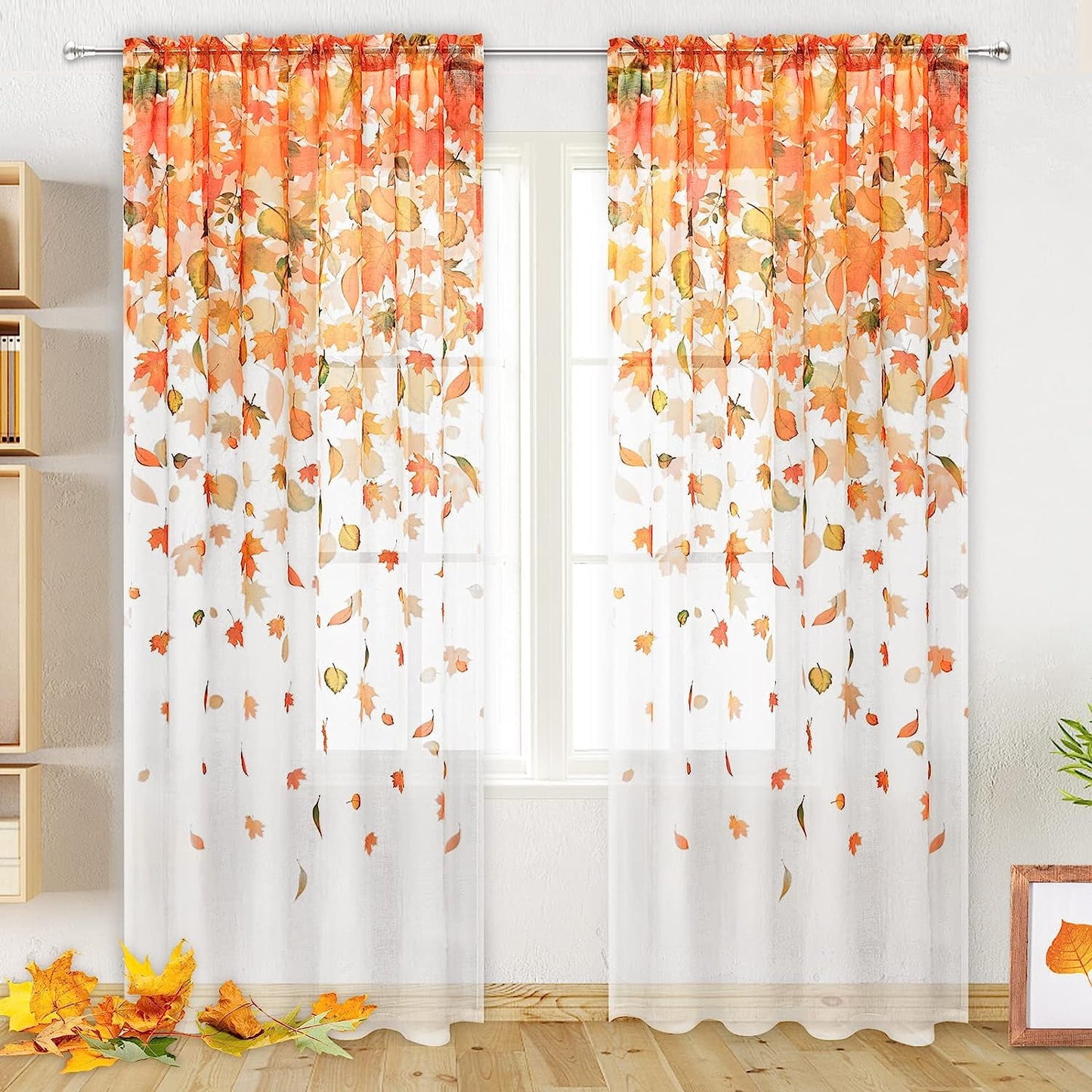 Alishomtll Thanksgiving Sheer Curtains 84 Inch Length Rod Pocket Autumn Falling Maple Leaves Semi Sheer Voile Window Treatment for Bedroom Dining Room