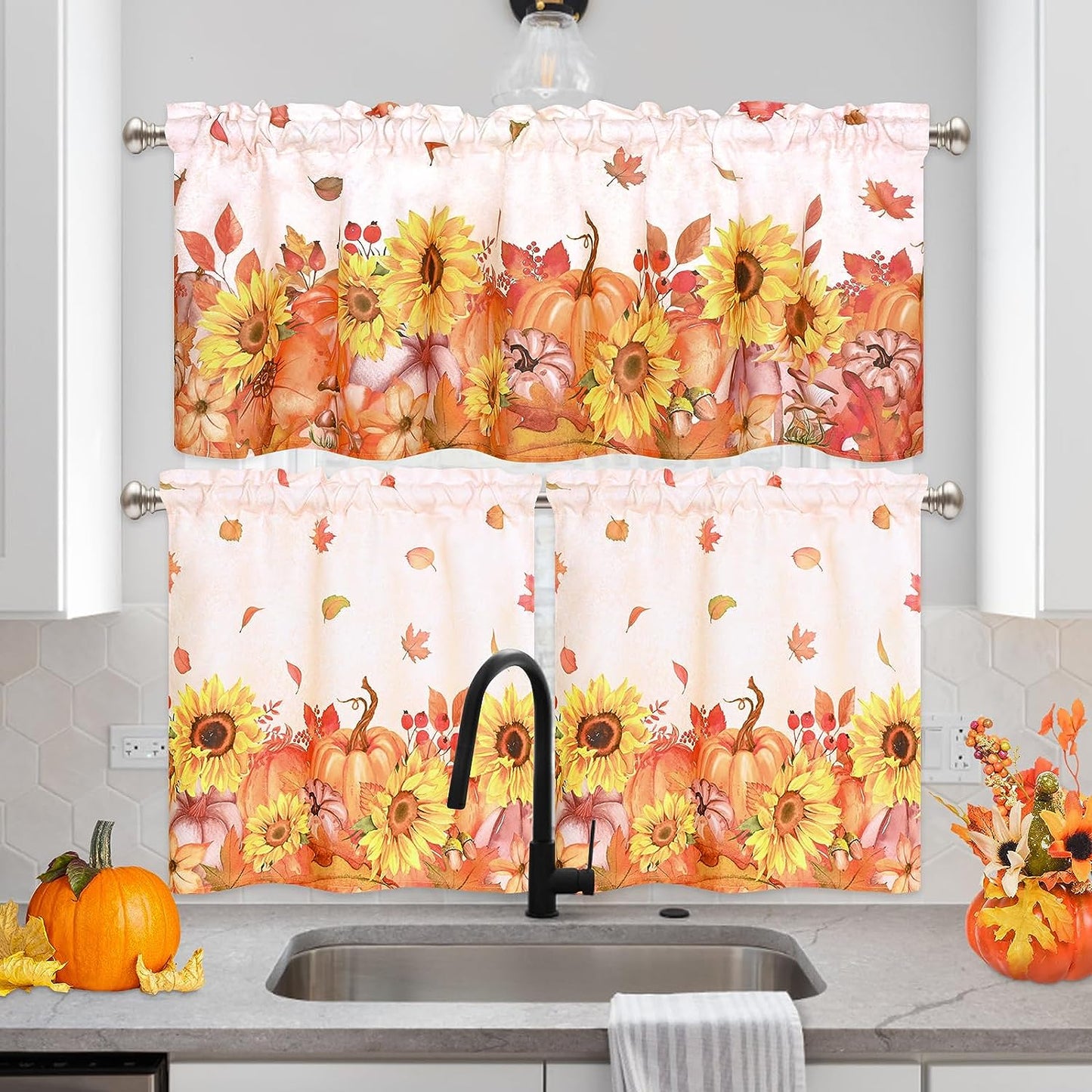 Alishomtll Thanksgiving Fall Autumn Kitchen Curtains Pumpkins Print Tier Curtains Rod Pocket Small Window Curtain Sets,26"Wx24"L,2 Panels