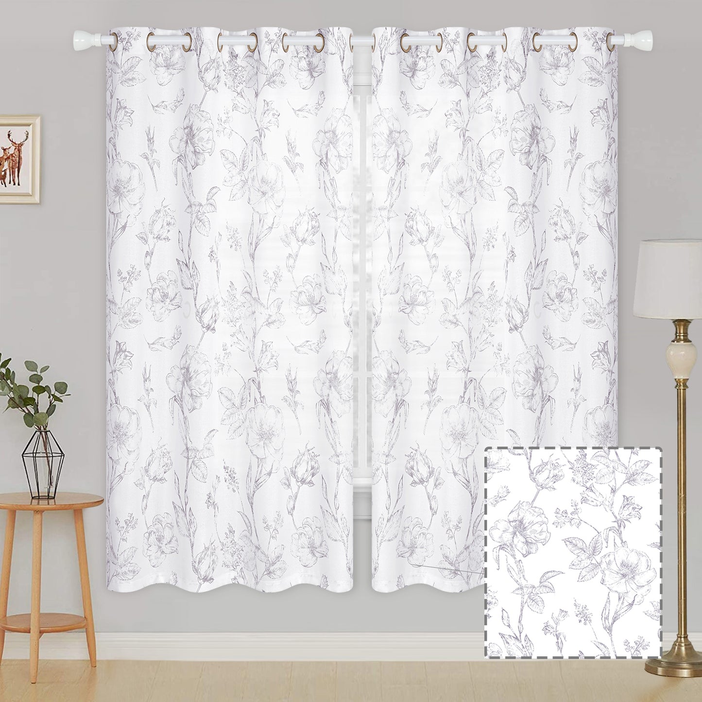 Alishomtll Grey Floral Curtains Linen Farmhouse Curtains for Living Room 63 inch Country Curtains Grommet Top Semi Sheer Curtains Light Filtering ,2 Panels