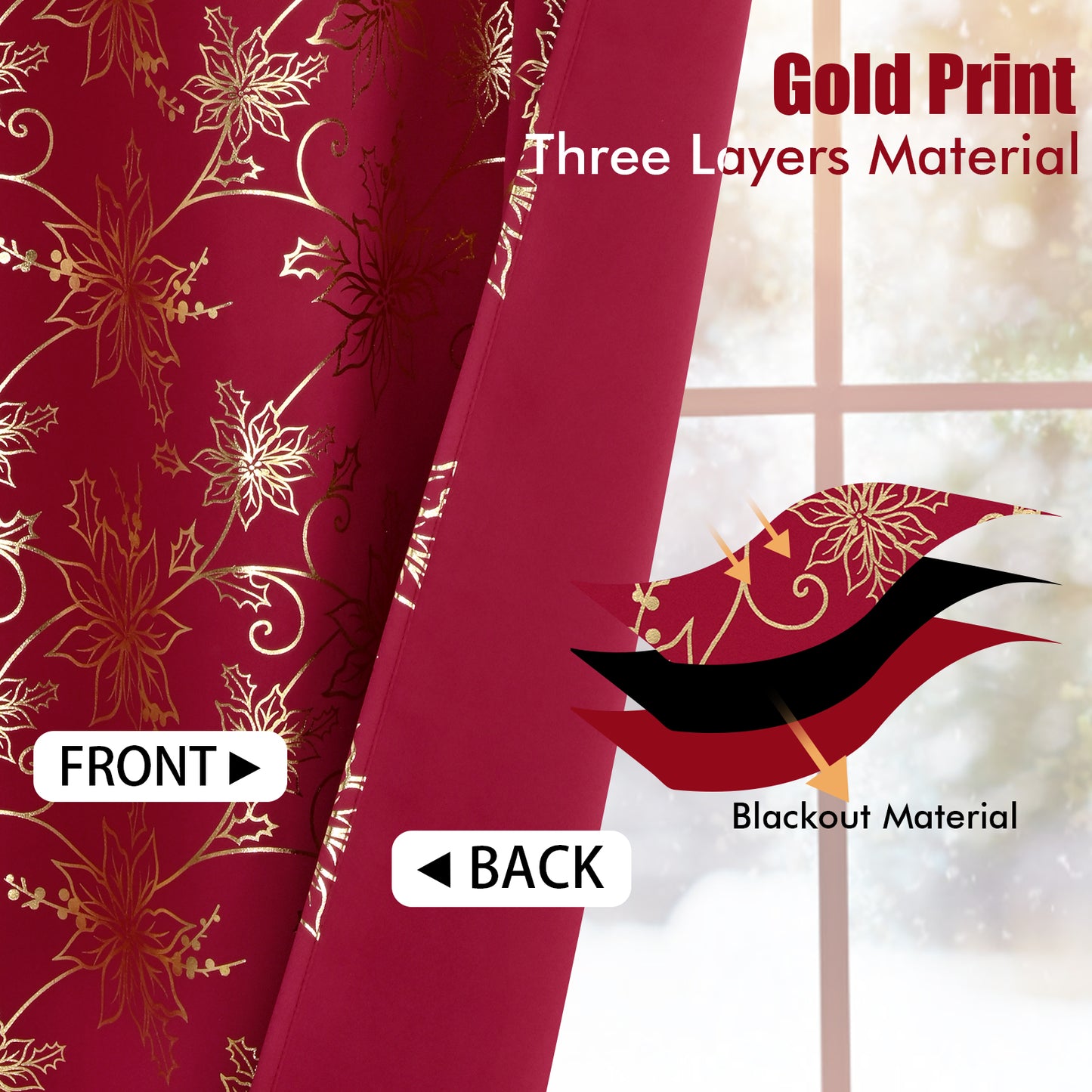 Alishomtll Christmas Curtain Golden Poinsettia Foil Print Blackout Window Curtains Drapes, 52" x 84"L, Red, Set of 2 Panels